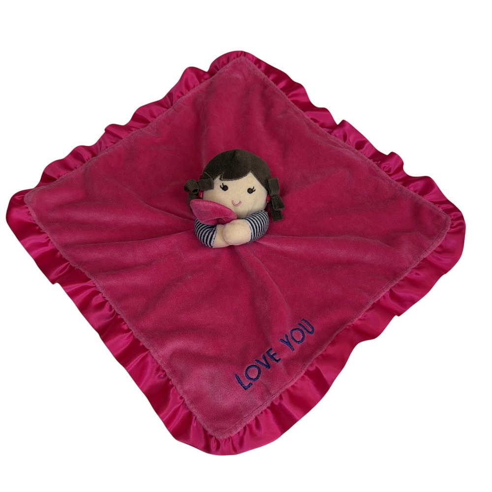 Carters I Love You Doll Security Blanket Plush Baby Lovey‎ Dark Pink Brunette